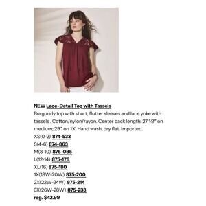 Avon Studio 1886 Women’s Size L 12-14 Lace Detail Top With Tassel Burgundy